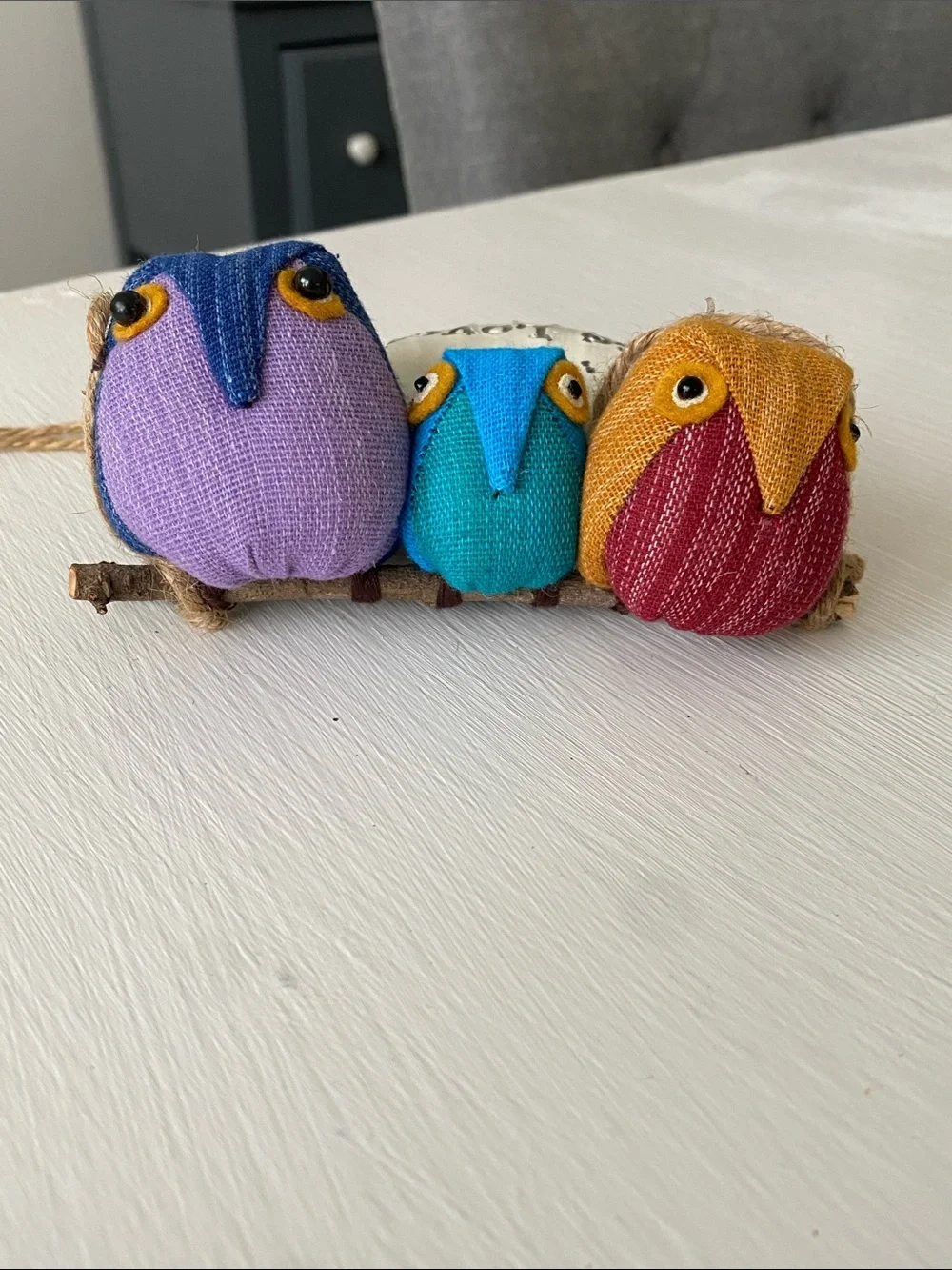 Colorful Fabric Owl Trio on a Branch Hanging Ornament - Farmhouse Rustic